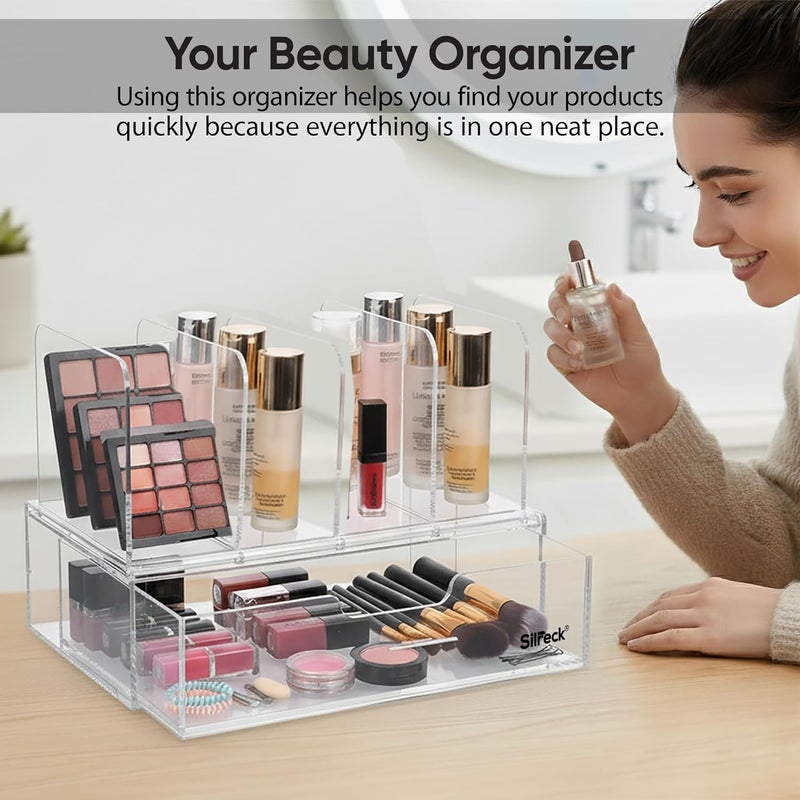Silreck Acrylic Desktop Organizer Easy-Access Drawer I Clear Desktop Storage for Office, Home,Makeup & Accessories – Multifunctional Organizer for Stationery, Cosmetics & Small Items (PRO26 With Drawer) - Image 3